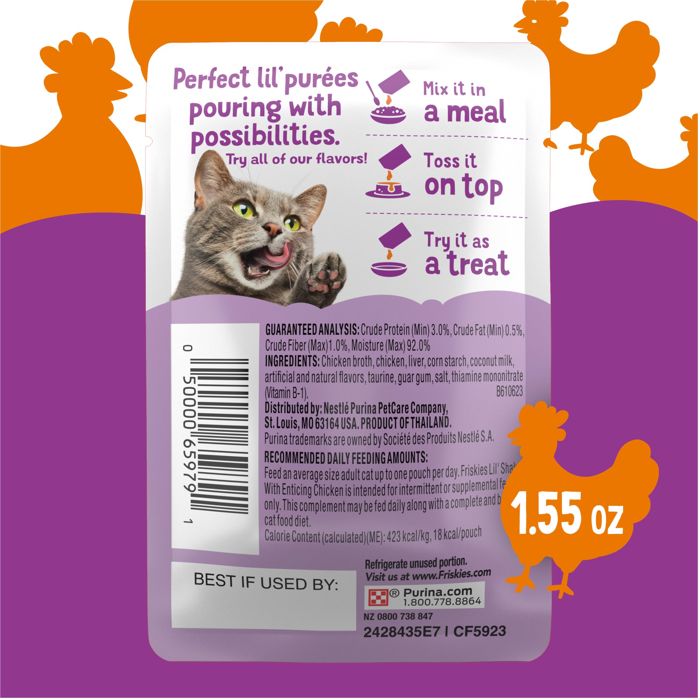 Purina Friskies Pureed Cat Food Topper, Lil’ Shakes With Enticing Chicken Lickable Cat Treats - (Pack of 16) 1.55 oz. Pouches - Image 7